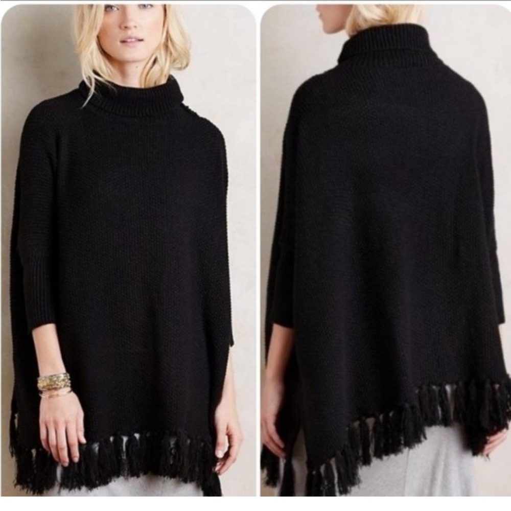 Anthropologie Black Poncho Fringe Sweater